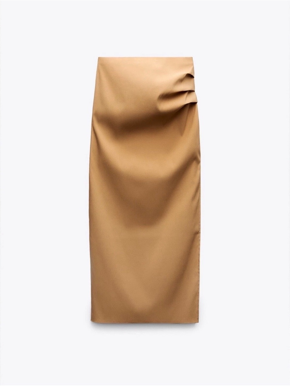 Zara Camel Pencil Midi Skirt with Side Pleat Detail